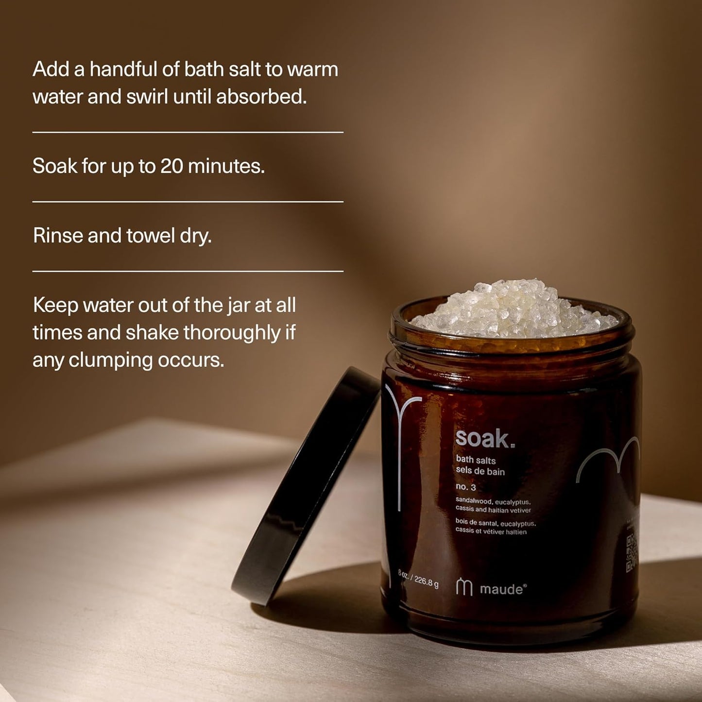 Maude Soak No. 3 - Nourishing Mineral Bath Salts - Hand-Harvested Dead Sea Salt with Magnesium & Potassium Chloride - Soften & Rejuvenate Skin - Notes of Sandalwood & Eucalyptus (8 oz)