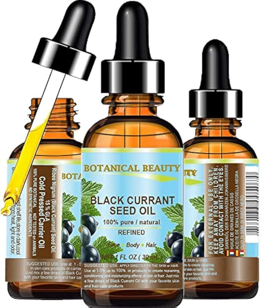 BLACK CURRANT SEED OIL 100% Pure Natural Undiluted Refined Cold Pressed Carrier oil. 1 Fl.oz. - 30 ml For Face, Skin, Hair, Lip, Nails. Rich in Gamma Linolenic acid, Omega 3 by Botanical Beauty