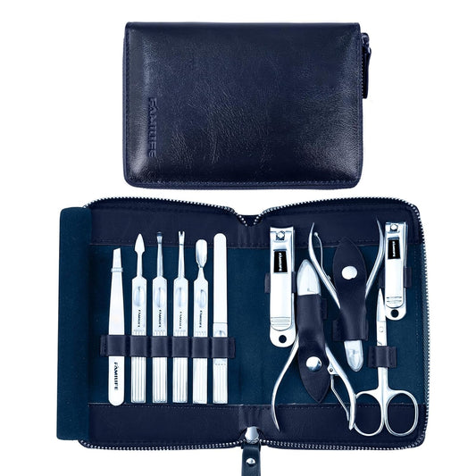 Manicure Kit, FAMILIFE Professional Manicure Set Nail Kit, 11 in 1 Stainless Steel Nail Clippers Set for Men Pedicure Kit, Men Grooming Kit with Portable Blue Leather Travel Case Luxury Gifts for Him