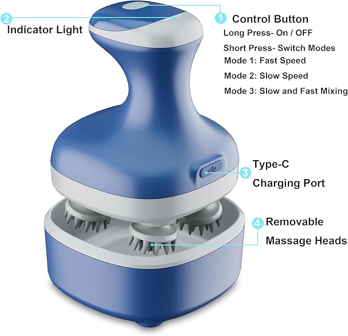 Electric Scalp Massager, Portable Rechargeable Head Massager with 8 Removable Massage Claws, Waterproof Handheld Hair Scalp Scratcher for Full-Body Massage and Stress Relax