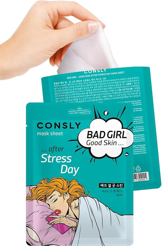 CONSLY_Bad Girl Good Skin Face Mask Set (4 pack), Hydrating and Revitalizing Mask Sheets for Tired, Stressed, and Dehydrated Skin, Bamboo Extract, Hyaluronic Acid, Snail Mucin, and Aloe