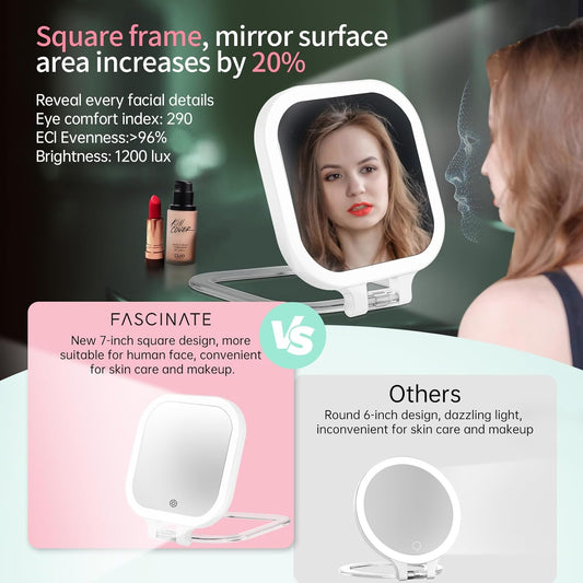 FASCINATE 20X Magnification Rechargeable Travel Makeup Mirror, 7" Lighted Portable Vanity Mirror with 3 Colors Lighting & Stepless Dimming, Double Sided LED Mirror, Gift for Women (White)