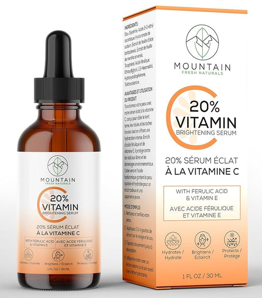 Vitamin C Serum – 20% 3-0-Ethyl Ascorbic Acid, Ferulic Acid & Vitamin E – Brightening, Hydrating, Anti-Aging Serum for Dark Spots, Uneven Skin Tone & Wrinkles – 30mL / 1 fl oz