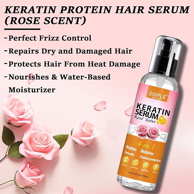 Keratin Protein Hair Serum Keratin Styling & Moisturizing Oil - Anti Frizz Control Nourishes & Repair Keratin Serum Oil for Dry Damaged Hair Heat Protectant Serum for Shine Prevent Hair Burns (Rose)