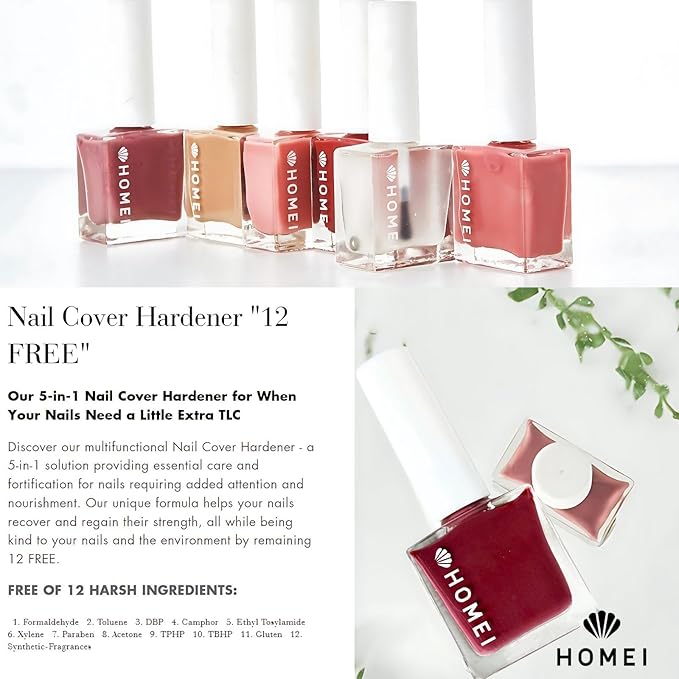 Nail Strengthener from Japan, Nail Hardener with Aloe Vera, Tea Tree Oil& Keratin for Healthy 5-in-1 Nail Solution Including Base Coat, Nail Color, Hardener, Top Coat & Nail Care, Cranberry Red