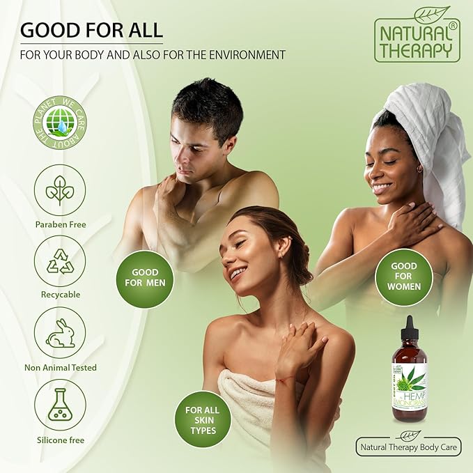 Natural Therapy Body Oil with Hemp & Lemongrass - Dry Skin Moisturizer and Hydrating Massage Oil - Increase Skin Elasticity and Provide Anti-Aging Support for Face and Body (4 fl.oz)
