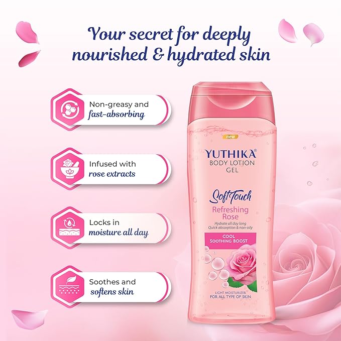 Yuthika Body Lotion Gel Refreshing Rose 300ml Pack of 1, Soft Touch Gel Body Lotion for Summer, Winter, Light Moisture for Face and All Skin Types, Rose Body Lotion