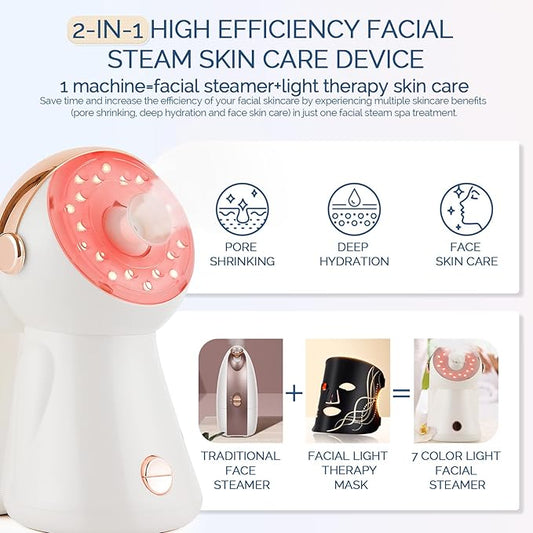 Facial Steamer,with 7 Colors Led Light,Face Steamer for Facial Deep Cleaning,Warm Mist Nano Ionic Steamer for Face Spa Kit,Face Humidifier,Facial Sauna Use at Home, Gift for Women（Rosegold with Light）