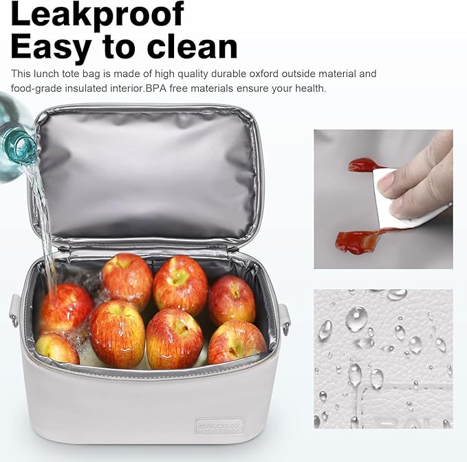 BALORAY Lunch Bag for Women Men, Double Deck Lunch Box for Adults, PU Leather Lunch Tote Bag Insulated Lunch Bags with Strap for Work Office Picnic