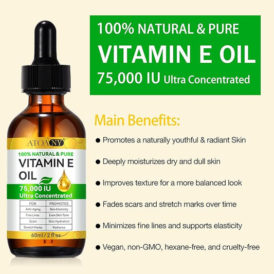 Vitamin E Oil 75,000 IU - Pure & Natural Skin & Hair Care - Moisturizing for Face, Body, Sars and Scalp 2 Fl Oz