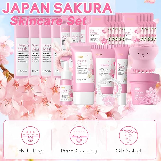 Skincare Gifts For Teenage Girls,Cherry Blossom Skincare Sets,Facial kit,Pamper Sets For Women Gifts,Skin Care Sets & Kits (One Size, Cherry Blossom-SetB-Exfoliating)