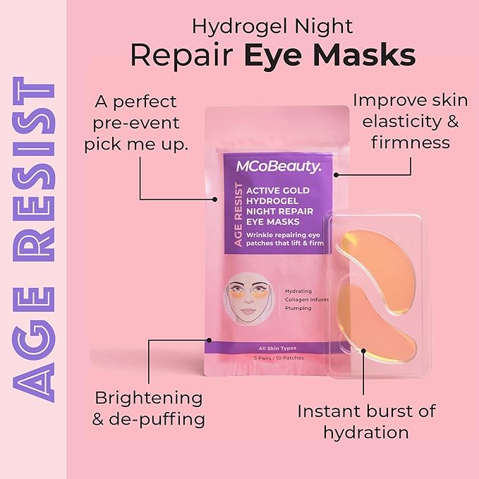 MCoBeauty Age Resist Active Gold Hydrogel Night Repair Eye Patches, Brightening & De-Puffing, with Collagen and Hyaluronic Acid, Vegan, Cruelty Free Cosmetics