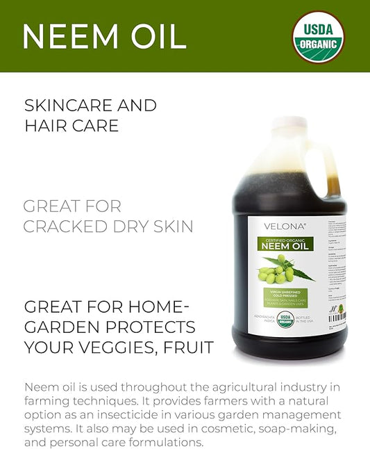 velona Neem Oil USDA Certified Organic - 64 Fl Oz | 100% Pure and Natural Carrier Oil | Virgin, Unrefined, Cold Pressed | Hair, Body and Skin Care | Use Today - Enjoy Results