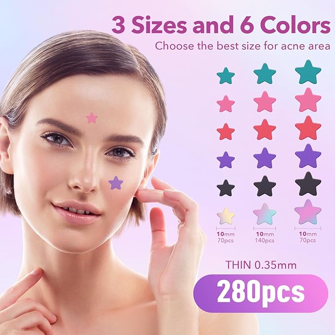 Pimple Patches for Face, Hydrocolloid Acne Patches, Cute Star Zit Covers for Face, Colorful Spot Stickers with Tea Tree, Salicylic Acid & Cica Oil| 3 Sizes (10mm, 12mm & 14mm) |280 Count