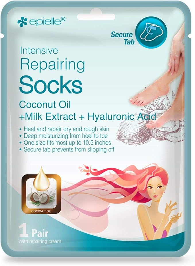 Epielle Intensive Repairing Foot Masks, 6 Pairs Moisturizing Socks for Dry, Cracked Feet, Hydrate and Repair Skin with Coconut Oil and Milk Extract, Korean Skincare, Easter Gifts, Mother's Day Gifts