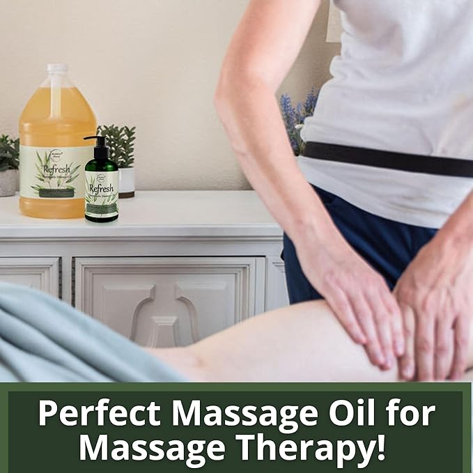 Refresh Massage Oil for Massage Therapy with Eucalyptus & Peppermint Essential Oils - All Natural Sore Muscle Relief. Ideal for Full Body Relaxation – Nut Free Formula 8oz