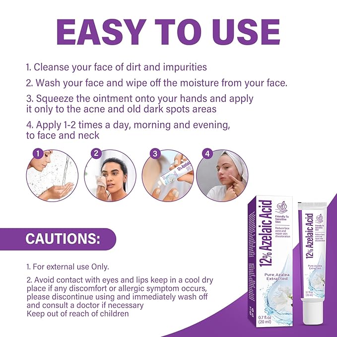 Azelaic Acid Serum, Azelaic Acid 12% Facial Cream, Hyaluronic Acid & Niacinamide for Redness Relief Face, Balance Excess Sebum, 20g