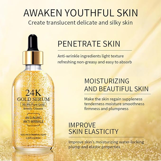 24K Gold Serum for Face, 2Pack Skin Tone Even Anti Aging Moisturizer with Vitamin,Skin Care Glow Collagen Booster Serum Hyaluronic Acid for Dark Spots & Fine Lines, 2.02fl oz