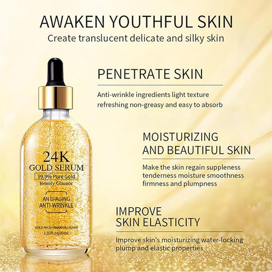24K Gold Serum for Face, 2Pack Skin Tone Even Anti Aging Moisturizer with Vitamin,Skin Care Glow Collagen Booster Serum Hyaluronic Acid for Dark Spots & Fine Lines, 2.02fl oz