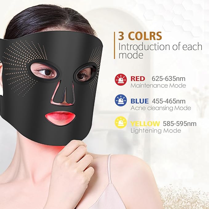 LED Face Mask 3 Colors Light Therapy Facial Photon Beauty Device Skin Care at Home for Facial Rejuvenation, Wrinkles Reduction, Anti-Aging (Black)
