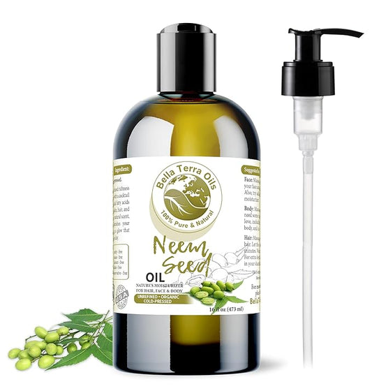 Bella Terra Oils - Organic Neem Seed Oil 16oz - Harness Organic Neem's Timeless Beauty Secrets, Infused with Vitamin A & Omega Fatty Acids, Best for Luxurious Skin Feel