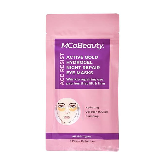 MCoBeauty Age Resist Active Gold Hydrogel Night Repair Eye Patches, Brightening & De-Puffing, with Collagen and Hyaluronic Acid, Vegan, Cruelty Free Cosmetics