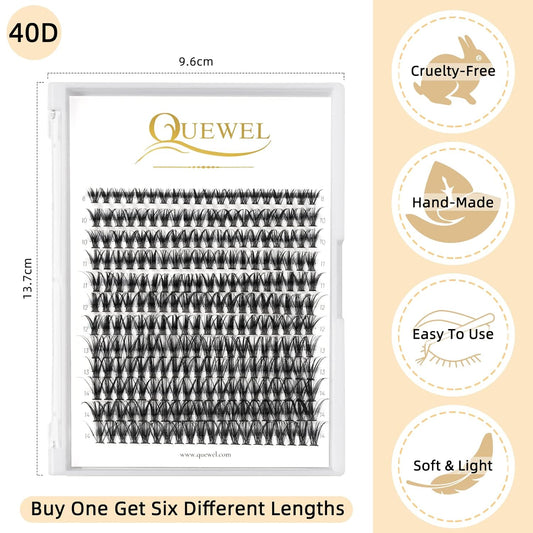 QUEWEL Cluster Lashes 240Pcs Individual Lashes 40D 0.07D Curl Mix8-14mm Lash Extensions Clusters Lashes Soft&Natural False Eyelashes Individual DIY Eyelash Extension at Home(40D 0.07D MIX8-14)