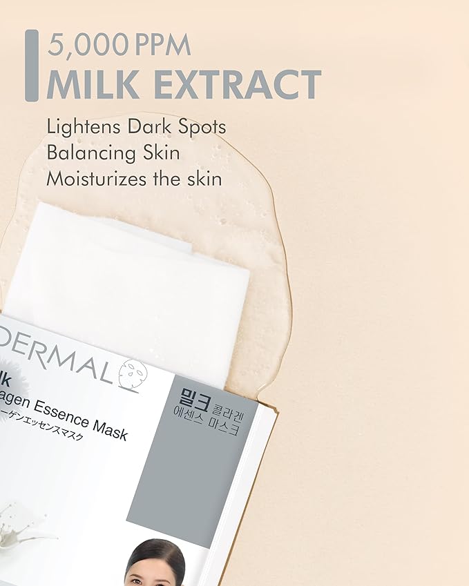 DERMAL Milk Collagen Essence Facial Mask Sheet 23g Pack of 10 - Skin Soft & Elastic, Nourishing and Moisturizing, Daily Skin Treatment Solution Sheet Mask