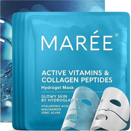 MAREE Hydrogel Collagen Face Mask with Hyaluronic Acid - Hydrating Face Masks Skincare with Niacinamid & Ionic Silver - Mascarillas Faciales For Women Skin Care - 4 Count