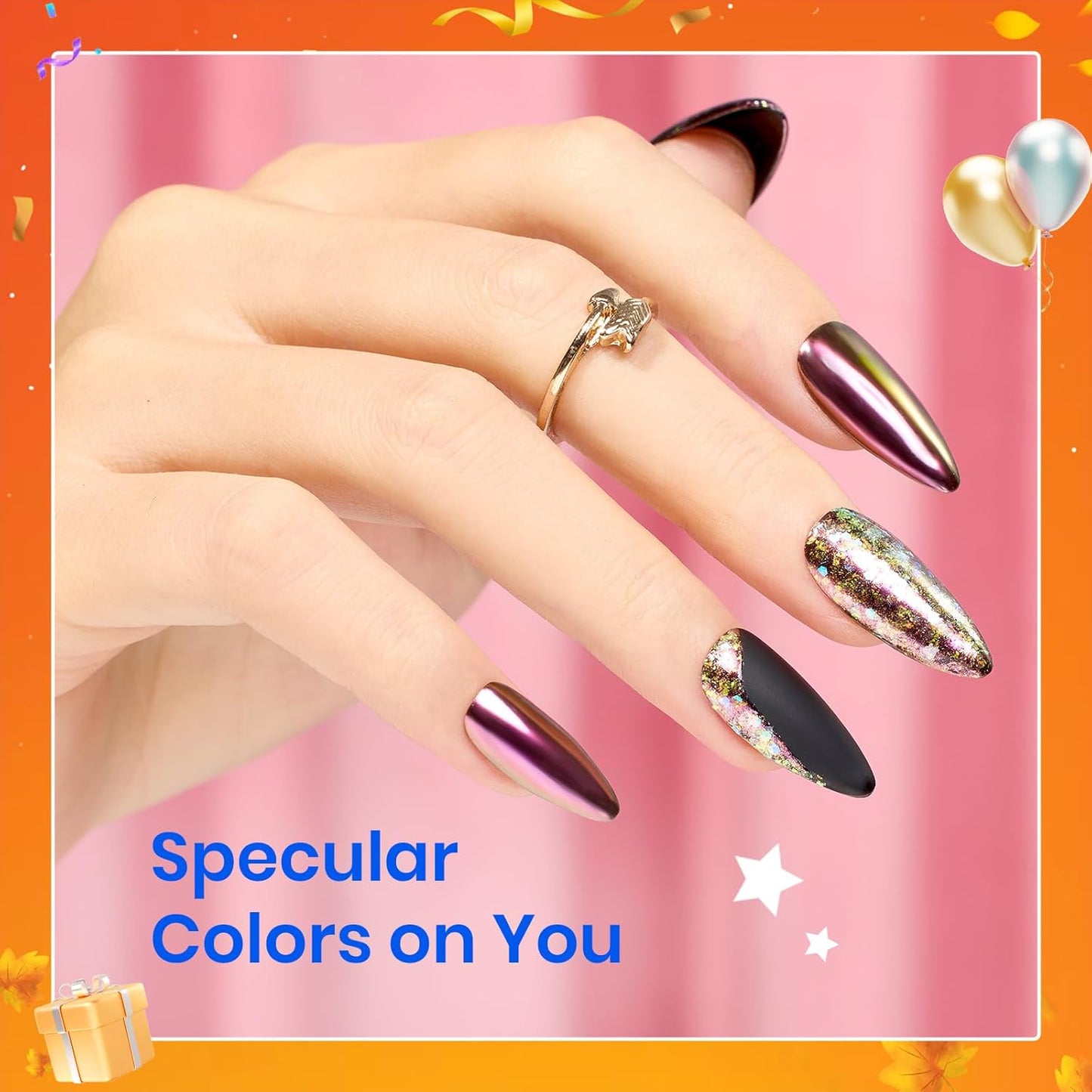 Beetles Chrome Nail Powder Gold Silver Mirror Effect 8 Colors Holographic Aurora Iridescent Pearlescent Manicure Nail Art Decoration Glitter Cromer Nail Powder for Nails 1g/Jar Gift for Women