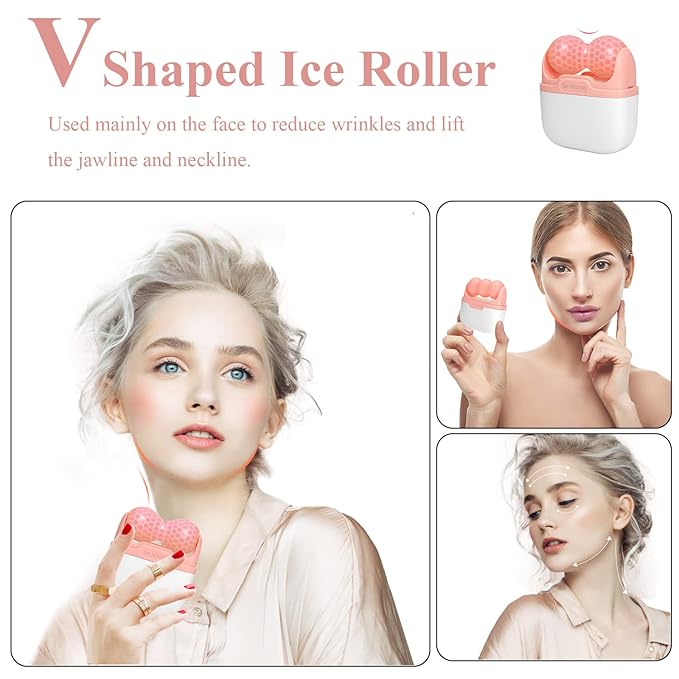 Ice Roller for Face, Ice Face Roller Skin Care Tools, 2 in 1 Face Massager Eye Roller for Puffy Eyes Migraine Relief, Reduce Wrinkles, Relieve Muscle Soreness, Relieve Sunburn and Redness, Pink