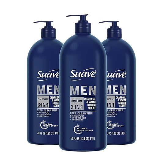 Suave Men Shampoo Conditioner Bodywash 3 in 1 Charcoal &Warm Ginger to Cleanse and Nourish Hair and Skin, 40 oz Pack of 3