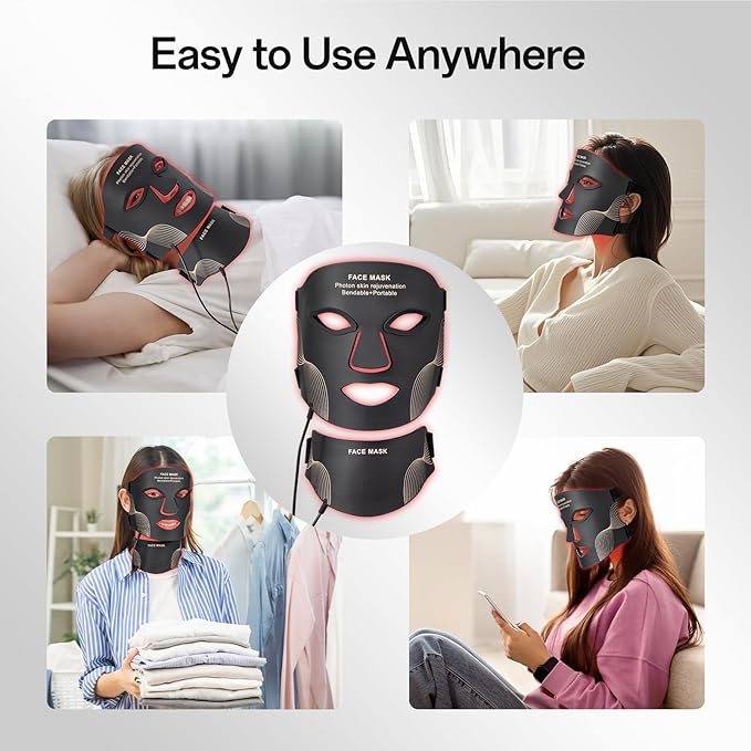 Red Light Mask for Face and Neck - Facial Skin Care Device, Portable, Lightweight, Rechargeable and Ergonomic Design for Home (Black)