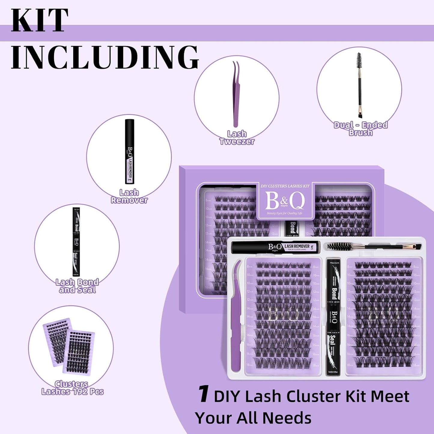Lash Extension Kit 192 pcs Eyelash Extension Kit B01+B10 8-18mm Mixed Lash Clusters Kit Individual Lashes Kit Wispy with Lash Glue and Remover Applications Eyelash Kit (B01+B10, Kit)