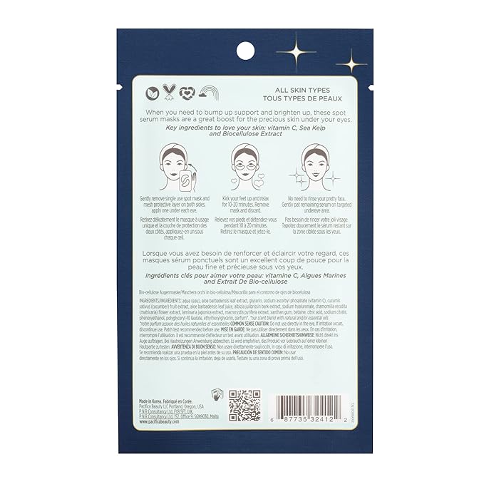 Pacifica Beauty, Eye Bright Vitamin C Spot Serum Mask, Under Eye Patches, Brightening, Moisturizing, Plumping for all Skin Types, Plant-Based, Vegan + Cruelty Free, Blue, 1 Count (Pack of 2)