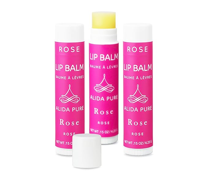 Rose Lip Balm Collection, Vegan Lip Balm Set, Beeswax Free, with Avocado Oil, Organic Jojoba Oil, and Vitamin E, Natural Moisturizer for Dry, Chapped Lips, 3 Tube Set