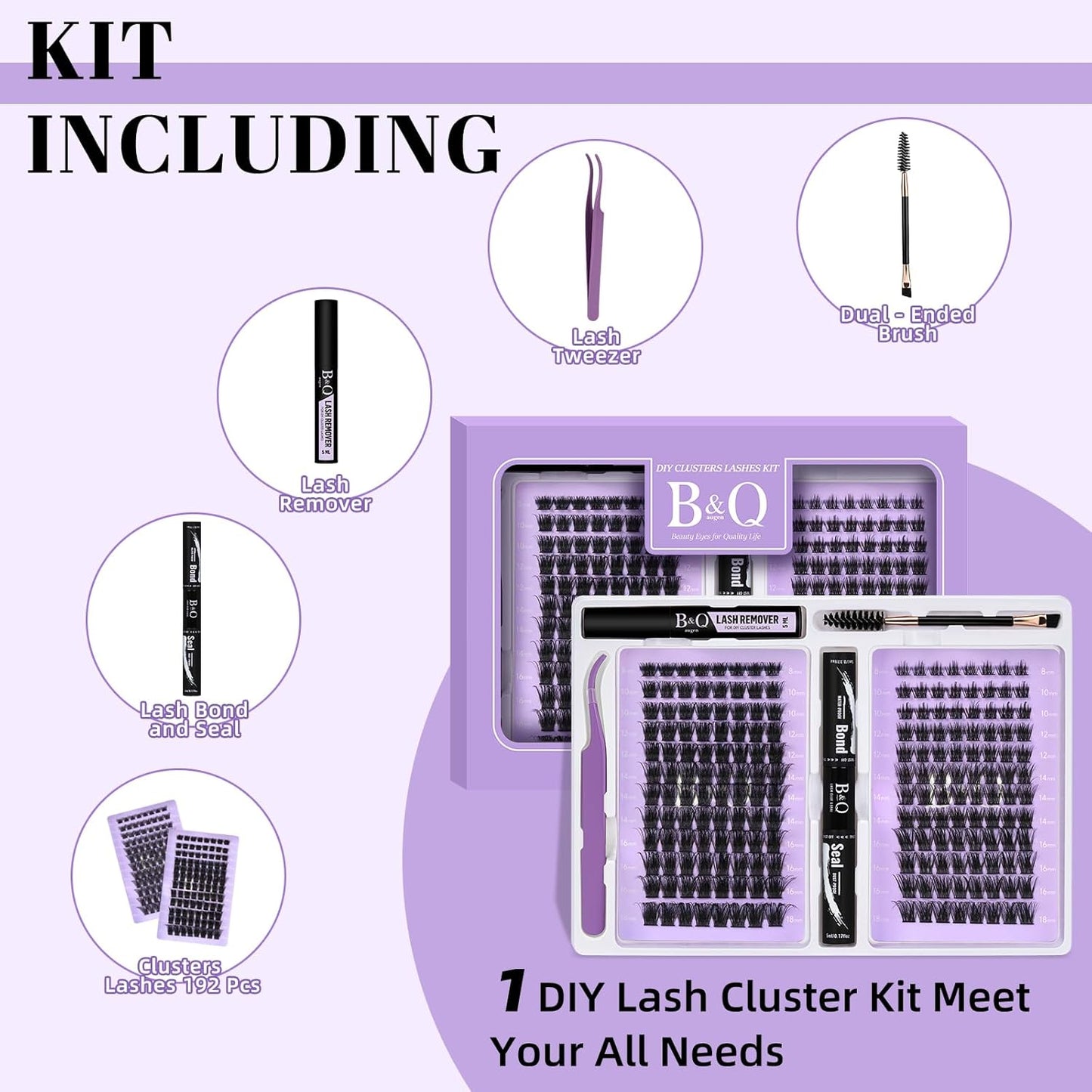 B&Q Lash Extension Kit 192 pcs Eyelash Extension Kit B19+B28 8-18mm Mixed Lash Clusters Kit Individual Lashes Kit Wispy with Lash Glue and Remover Applications Eyelash Kit (B19+B28, Kit)