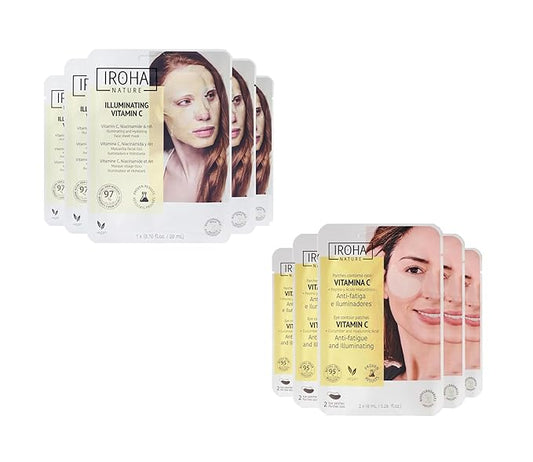 Vitamin C & Hyaluronic Acid Face Mask (5 Masks) + Eye Mask Patches with Vitamin C, Cucumber and Hyluronic Acid, Anti-Fatigue and Illuminating (5 Pairs)- Vegan, Korean Skin Care- Total Bundle 10 pieces