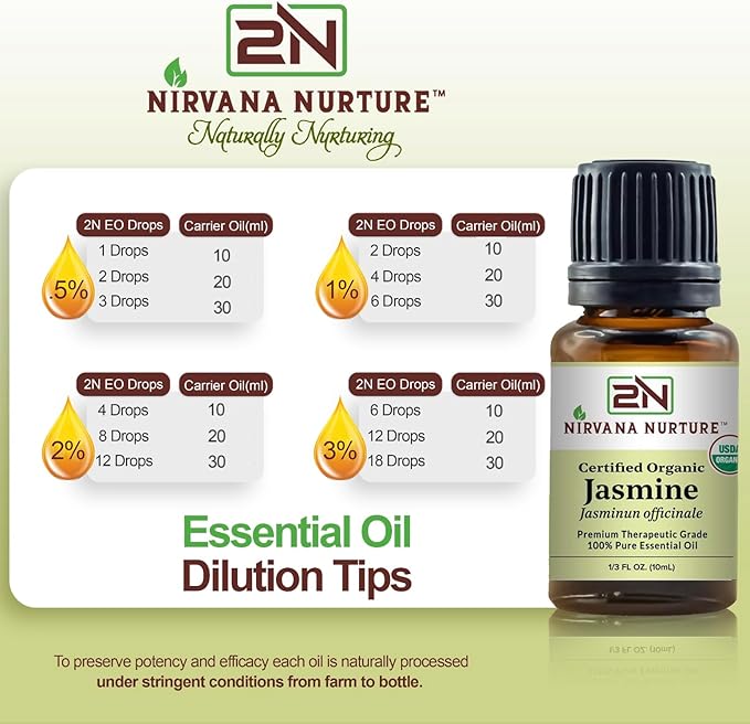 Jasmine Essential Oil USDA Certified Organic 100% Pure Premium Therapeutic Grade, Undiluted - Aromatherapy Diffuser for Calm and Relaxation, Skin Care, Hair Care