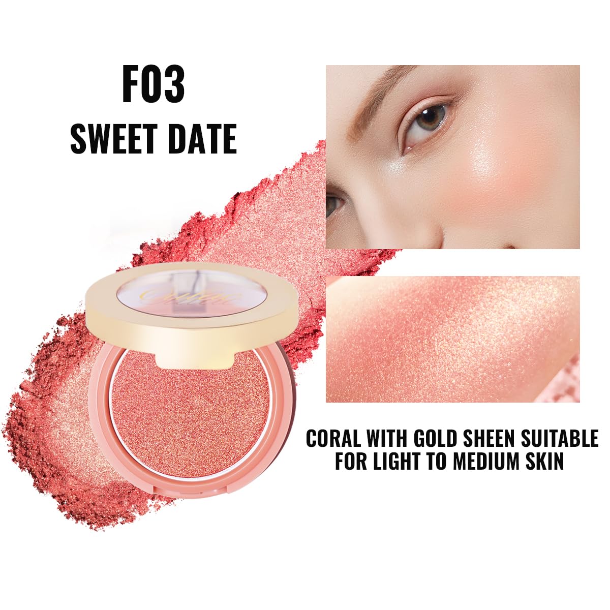 Oulac Luminous Blush Makeup Glow Coral Gold|Subtle Shimmery Creamy Powdery Blush Highlighter Cheek| Pigmented&Blendable | Light to Medium Skin Tone| Vegan & Cruelty-Free| 4.8g F03 Sweet Date