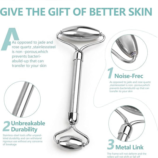 Stainless Steel Facial Roller - Metal Face and Eye Roller, Gua Sha Facial Tools Stainless Steel, Reduce Puffiness, Cooling Dual Sided Stainless Steel Facial Roller Massager