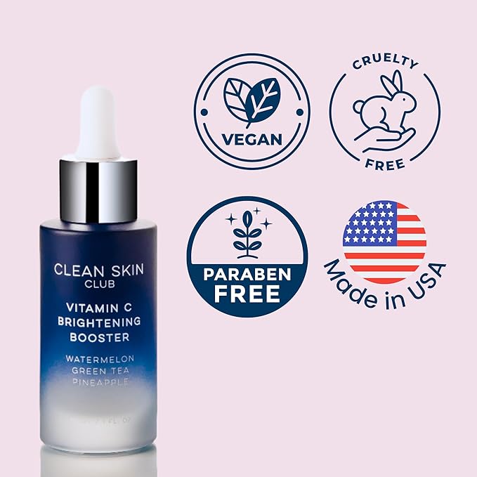 Clean Skin Club Vitamin C Serum & Brightening Booster, Vitamins A, E, D & K, Anti Aging Collagen Clear Facial Care, Glow, Acne, Scars, Sun Damage, Wrinkles, Age, Dark Spot Corrector Recipe