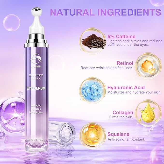 Caffeine Eye Cream for Dark Circles Under Eye Serum Eye Treatment for Wrinkles Fine Lines, Retinol Eye Cream for Puffiness and Bags Under Eye Serum with 360° Massage Roller-Ball