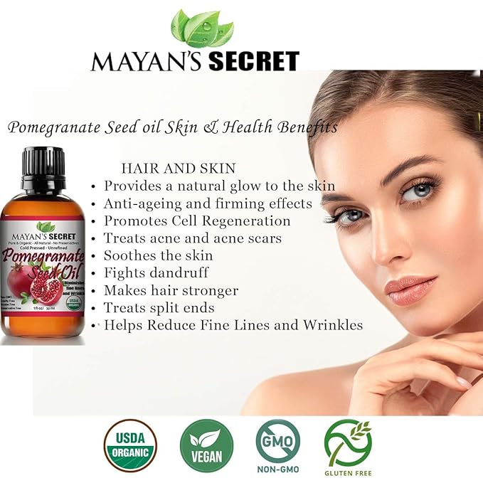 Mayan's Secret USDA Certified Organic Pomegranate Seed Oil for Skin Repair -Glass Bottle Cold Pressed and Pure Rejuvenating Oil for Skin, Hair and Nails