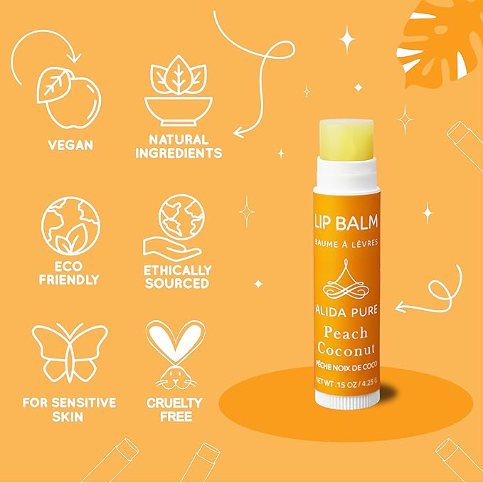Lip Balm Collection - Peach Coconut, Vegan, Beeswax Free, Avocado Oil, Organic Jojoba Oil, Vitamin E, Moisturizer for Dry, Chapped Lips - 3 Tube Set