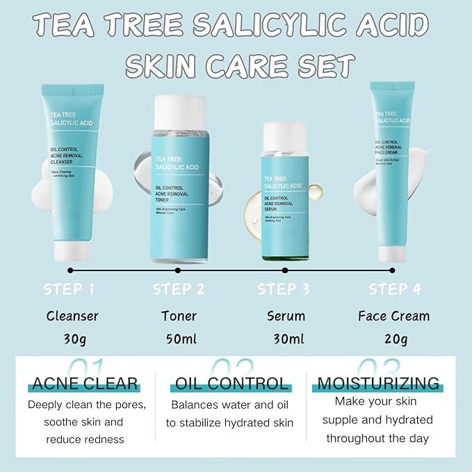 Tea Tree Salicylic Acid Skin Care Kit Teen Girl Gifts - 4 Pcs Skin Care Set Women Hydrating - Skin Care for Teens 10-12 - Acne Treatment for Face - Skincare Gift Set with Serum,Cream,Toner,Cleanser