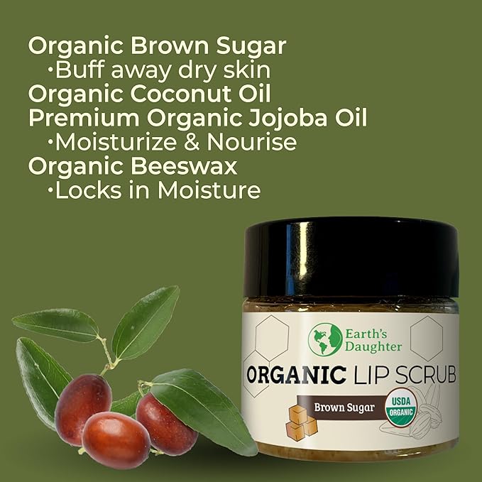 Earth's Daughter Organic Brown Sugar Lip Scrub 0.7 oz - USDA Organic Lip Exfoliator Scrub for Dry Lips - Fair Trade, Brown Sugar, Jojoba Oil, Beeswax, Coconut Oil - Scrubber Exfoliator
