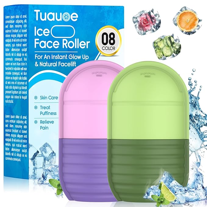 2Pcs Ice Roller for Face, Ice Face Roller, Reusable Silicone Ice Mold for Face, Facial Beauty Ice Roller Skin Care Tools for Shrink Pores Anti Wrinkle Reduce Puffiness (Green + Purple)
