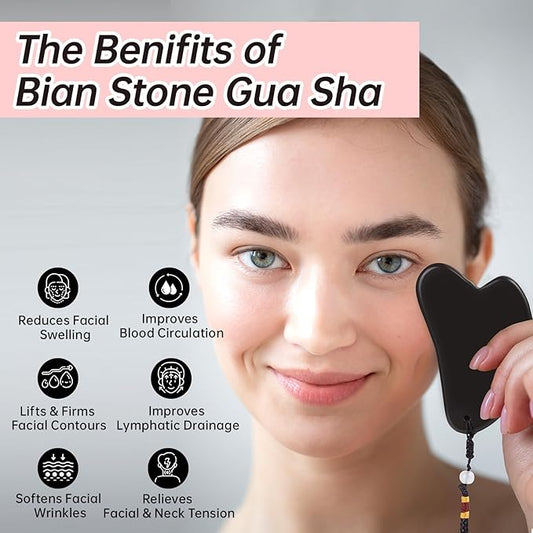 Bian Stone Gua Sha & Acupuncture Scraper, Gua-Sha Facial Body Tools Set for Reduce Puffiness, Acupuncture Scraper for Meridian Pain Relief, SinkCare Beauty Massager as Present for Women, Brown