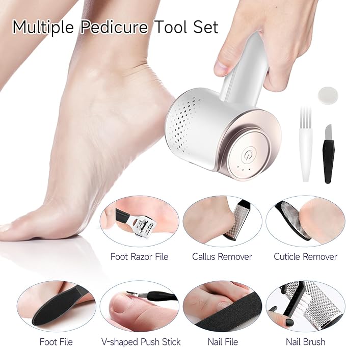 Electric Foot Callus Remover, Rechargeable Foot File Callus Remover for Feet, Portable Foot Scrubber with 10in1 Pedicure Tools for Feet Cracked Heel Dead Skin, 6 Rollers, 3 Speed